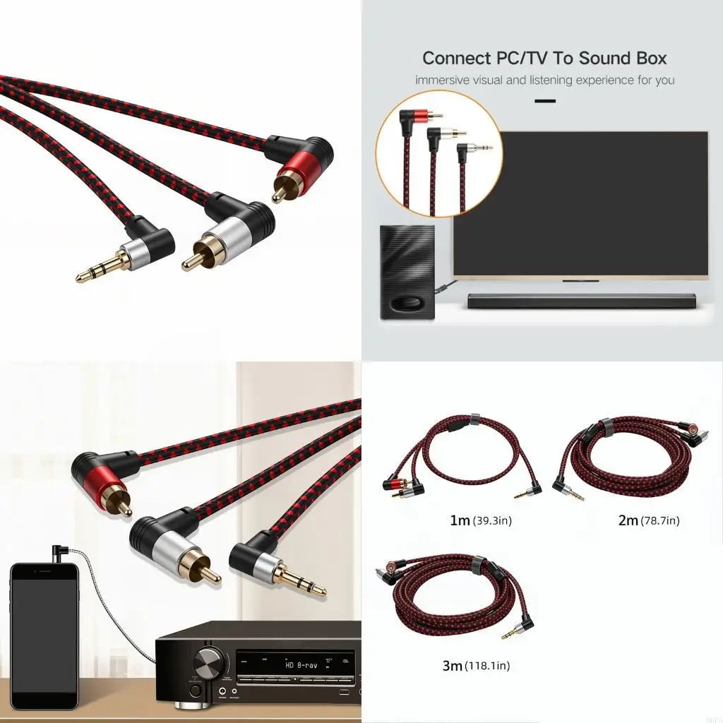 Q6PA Home 3.5Mm to 2RCA Cable with Flat Braided Coating Plugs Tinned Metal Way for Routing