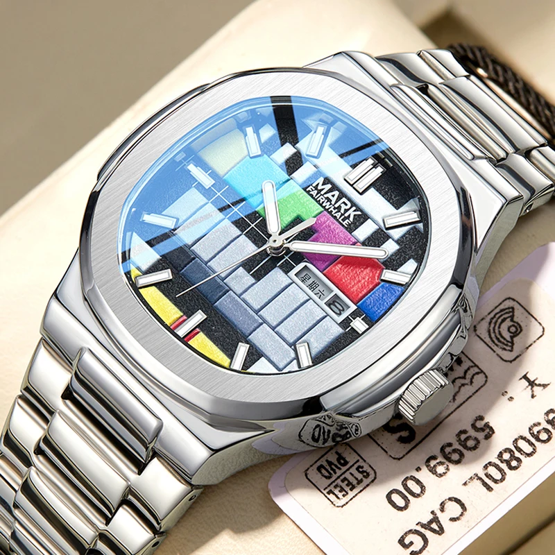 

Mark Fairwhale Brand Fashion Original Retro Design Quartz Watch for Men Stainless Steel Trend Luminous Week Date Mens Watches