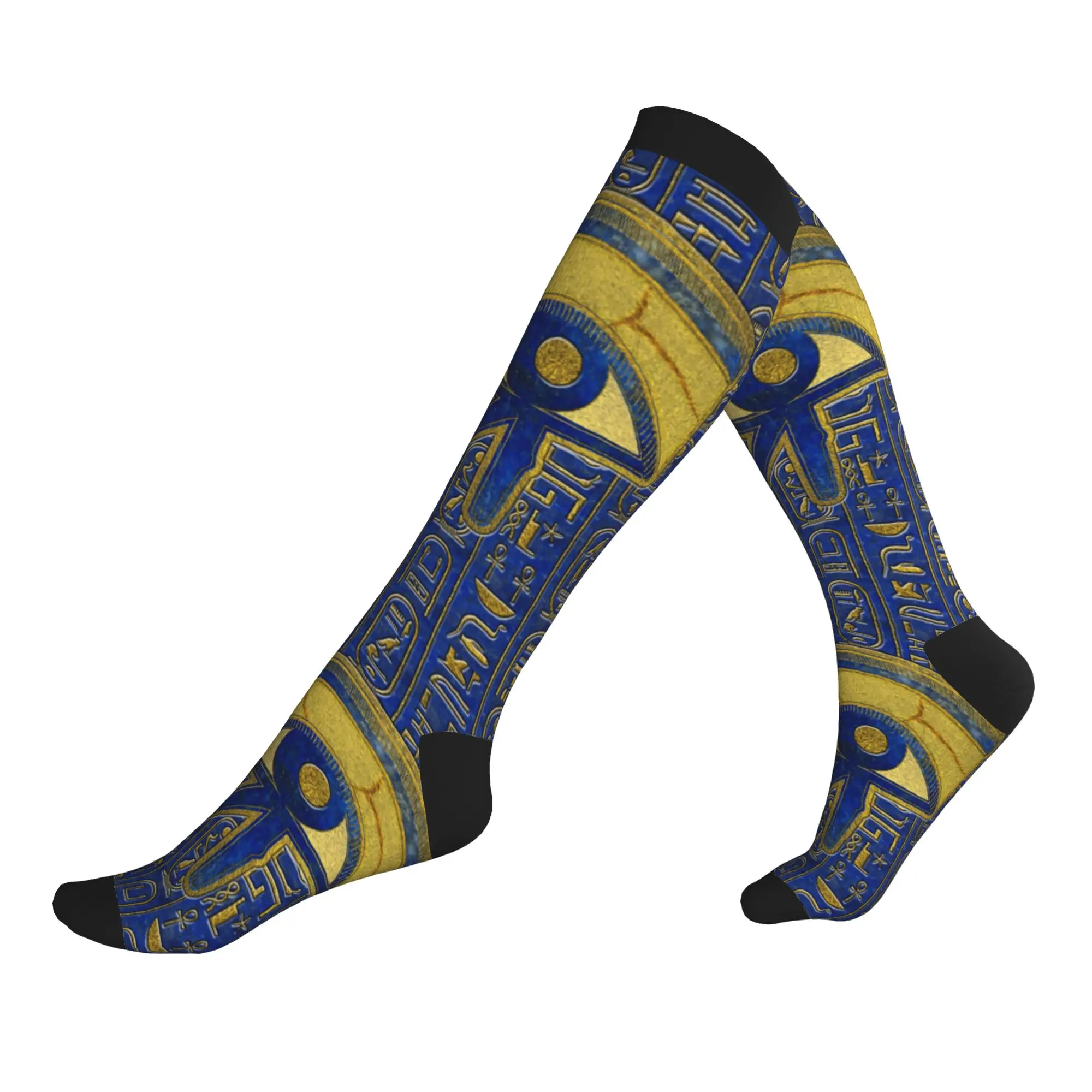 Niedliche goldene ägyptische Horus-Auge-Socken für Herren, Unisex, atmungsaktiv, warm, 3D-Druck, Wadjet Lapis Lazuli, Sport-Kompressionssocken