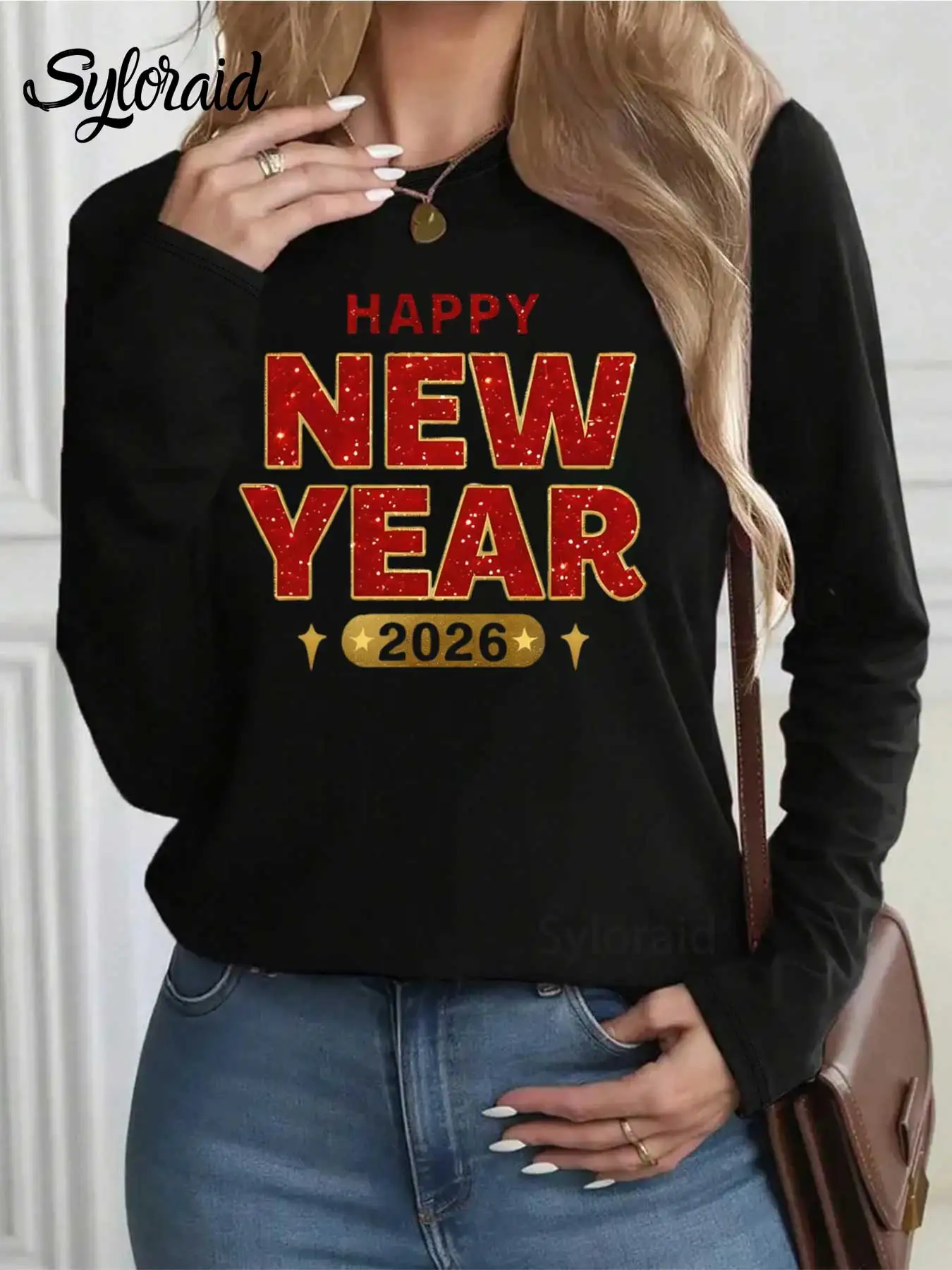 여성용 긴 소매 티셔츠 레드 새해 복 많이 받으세요 2026 프린트 티셔츠 패션 라운드 넥 캐주얼 탑