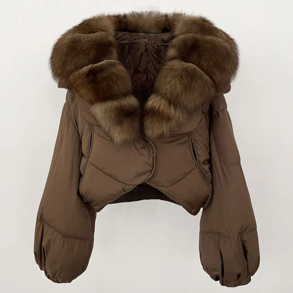 Frauen Langarm Puffer Jacke Luxus Lose Echt Fox Pelzmantel Kurze Weiße Ente Unten Jacke Mode Lässig Winter Weibliche Warme