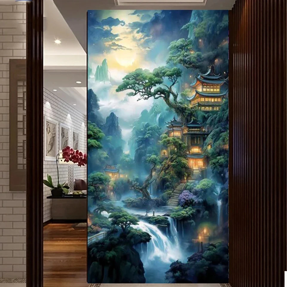 Estilo chinês Pintura Diamante, Montanha e Cachoeira Cenário, 5D DIY Mosaico Bordado, Home Decor, Ponto Cruz, Tamanho grande, G419