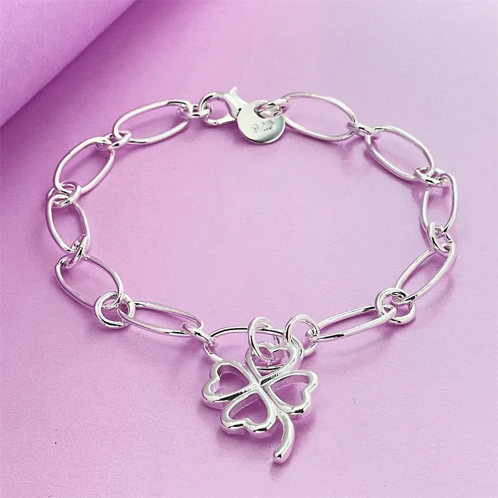 Fashion Kpop 925 Sterling Silver Pretty Four-Leaf Clover Bracelets For Women Street Versatile Jewelry Wedding Party Gifts view 5