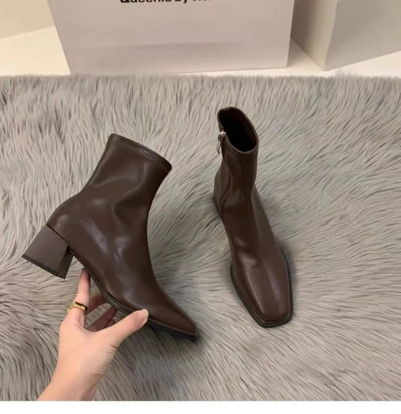 2026 Autumn Four-color Women's Short Boots, Square-toe Thick Heel Side Zip Nude Leather Short Boots, Chelsea Boot, Ankle Boot view 4