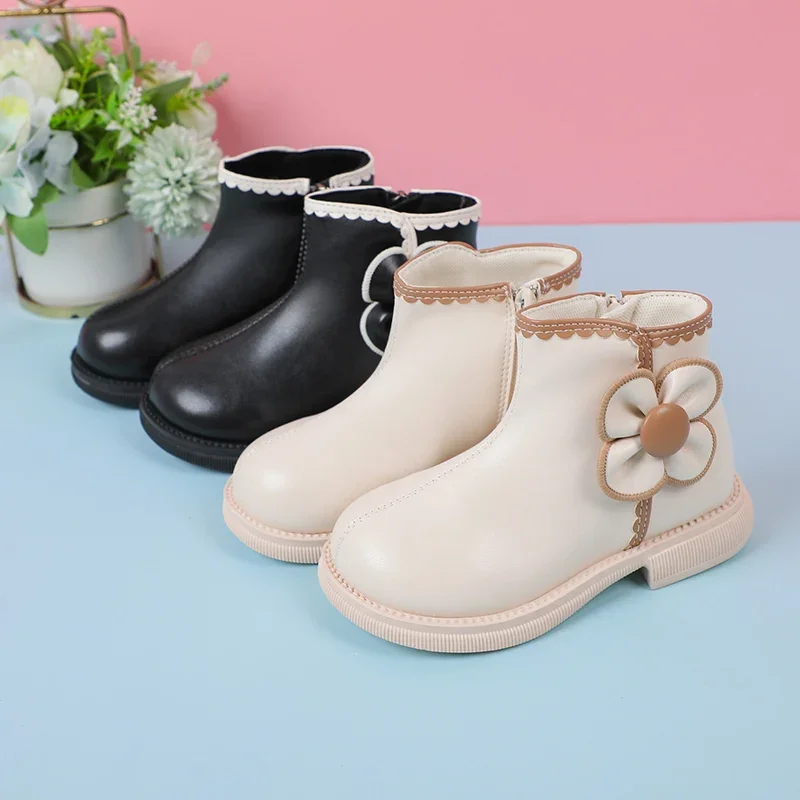 2023 Girls Short Boots Fashion Kids Versatile Soft Black Side Zipper Spring Autumn New Children Leather Boots Drop Shipping PU