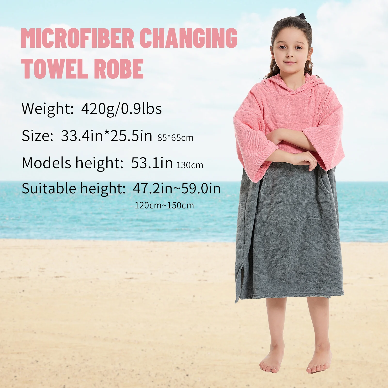 Kids Changing Towel Robe: Absorbent Quick Dry Surf Poncho, 3/4 Sleeve Microfiber Bath Towels for Beach Pool