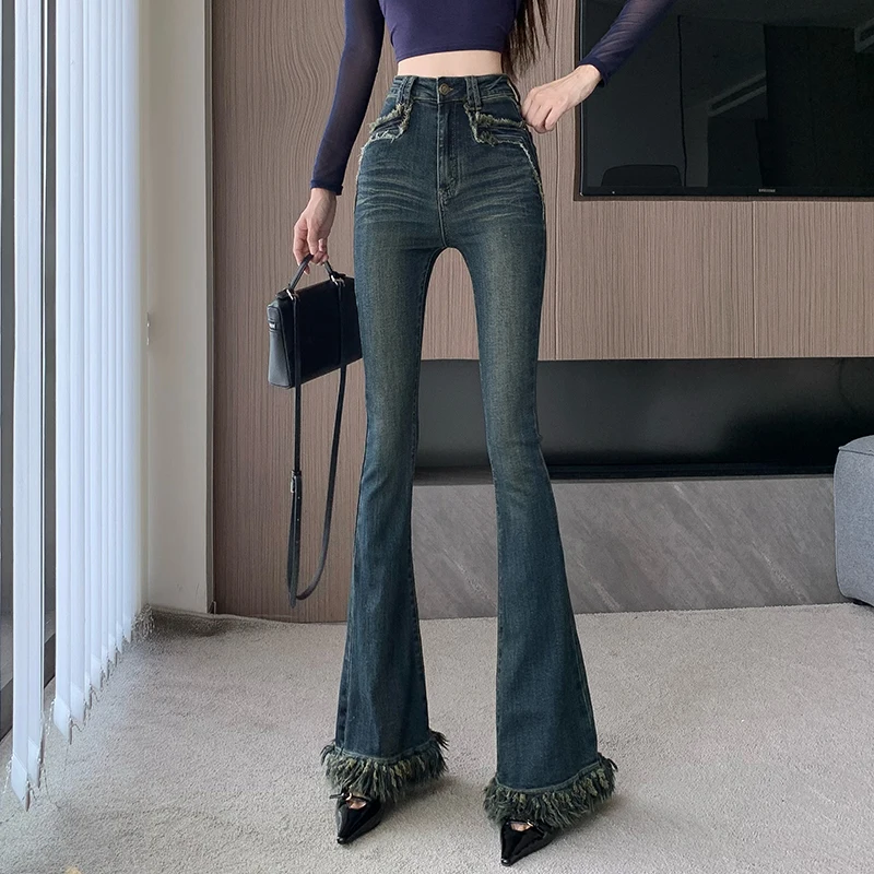 Chic Daily Flare Trousers High Street Full Length Fashion All-match Slim Temperament Simple Tassel Vintage Jeans Women Autumn