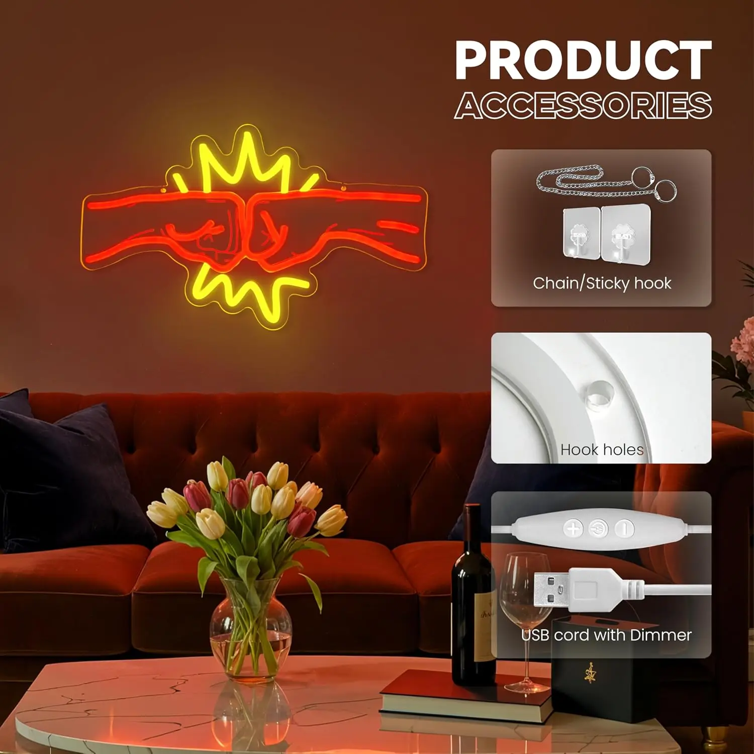 Neon Sign Fist Bump Dap, Lampu Neon untuk Dekorasi Dinding, Lampu Neon Ucapan untuk Kamar Tidur, Klub, Restoran, Toko, Dekorasi Pesta B