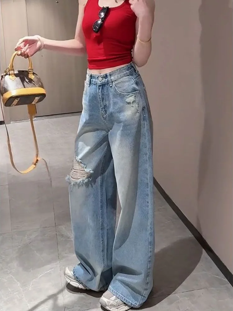 

Retro American Hole Design Wide Leg Denim Jeans Women's Spring New Loose Fashionable Straight Cut Pants High Waist Zipper