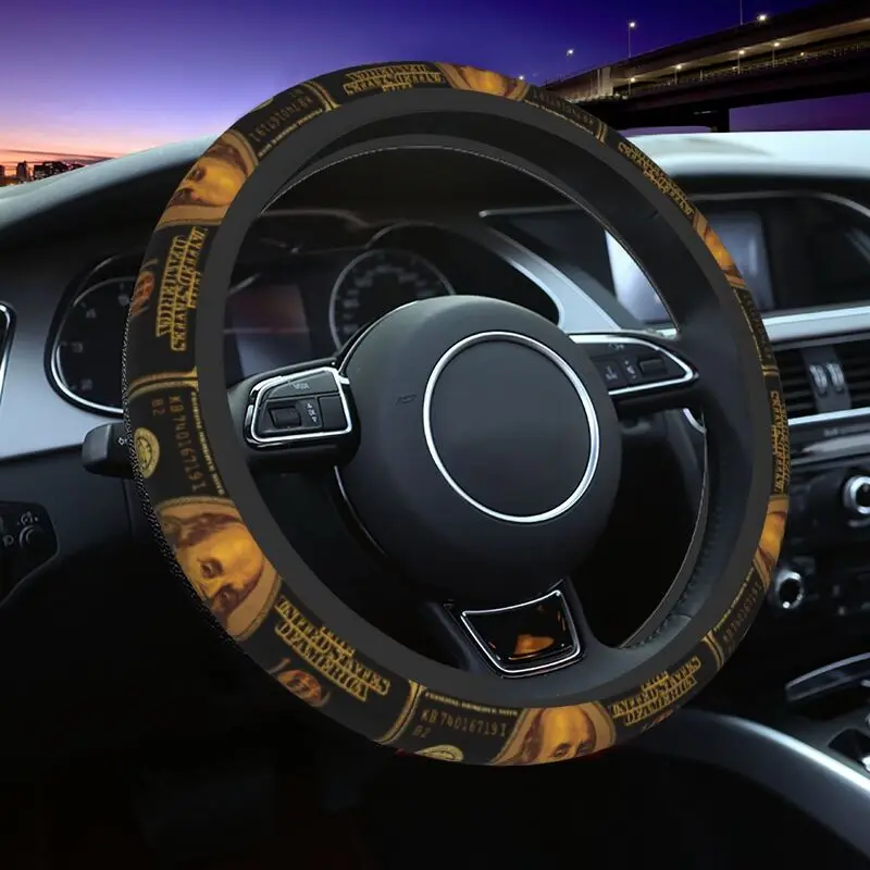 Gold 100 US Dollar Bill Steering Wheel Covers 37-38cm Women Banknotes Pattern Soft Steering Wheel Protector Fit for Sedan Car