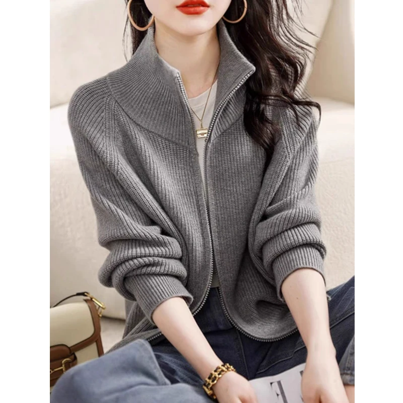 

High Neck Zip Up Cardigan for Women Cozy Zipper Front Sweater Knitted Jacket Female Casual Autumn Winter Basic Outfit