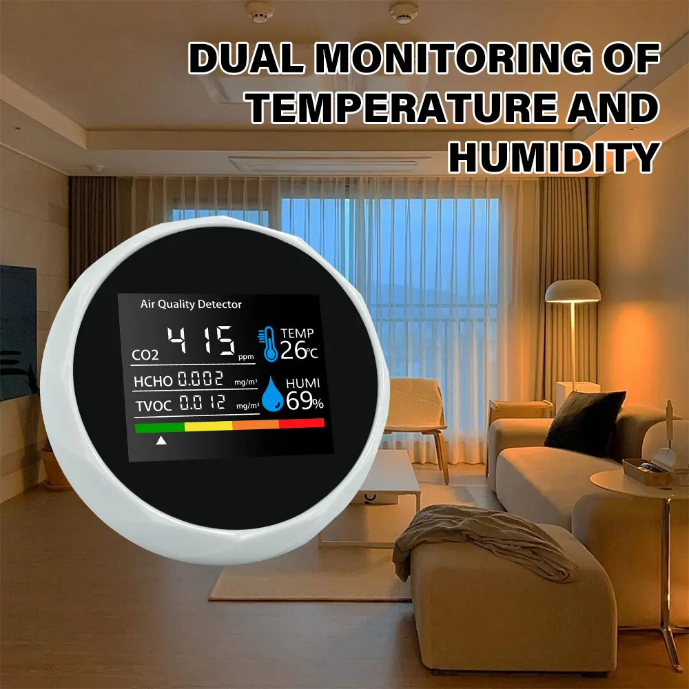 

Air Quality Detector CO2 TVOC HCHO Temp and Humidity Measurement Digital Monitor for Home Office Environmental Analysis