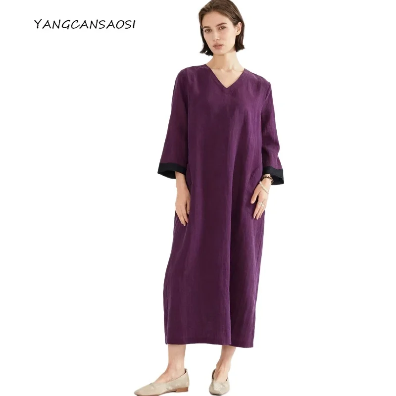 

Fashion Women's Clothing 100% Natural Mulberry Silk Gambiered Guangdong Gauze Turtle Cracked V-neck Long Sleeved Solid Dress