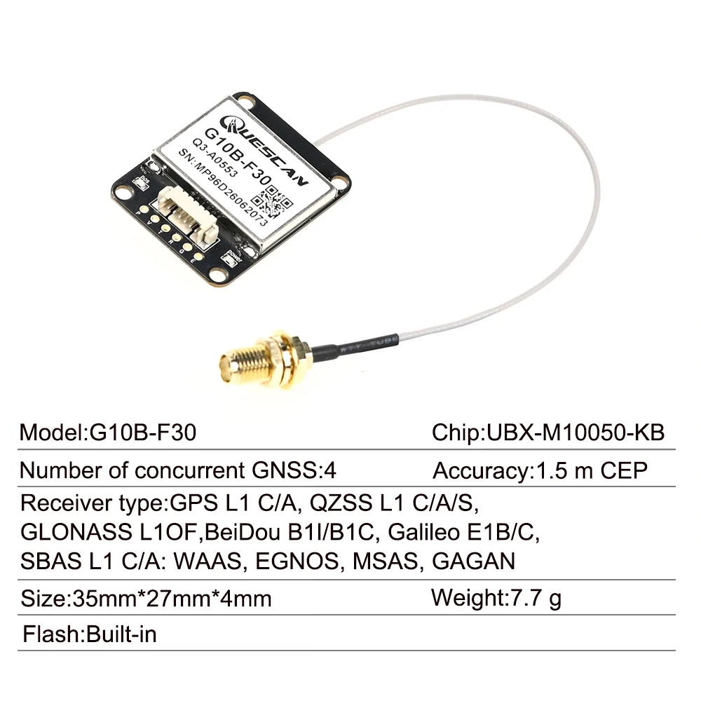 QUESCAN G10B-F30 GPS GNSS Module Support External GPS Antenna ublox10 GPS Galileo GLONASS BeiDou QZSS Receiver 1-25Hz NMEA UBX