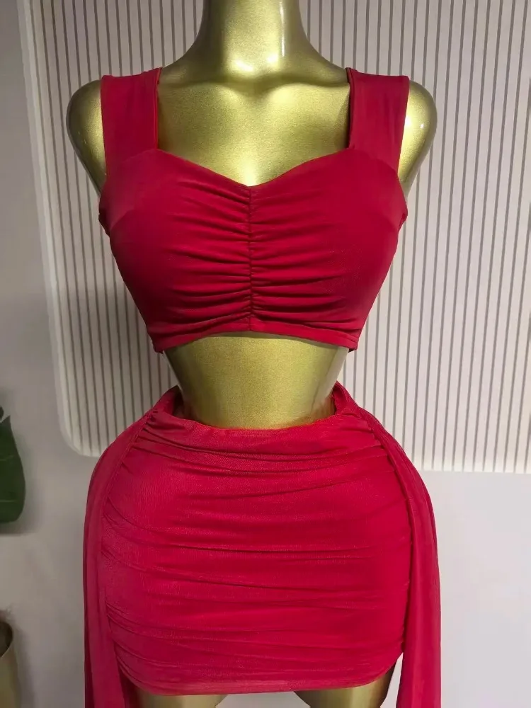 Robe sexy mode froncée femmes robe ensemble culture sangle hauts et ruban moulante mini jupes costume vacances deux 2 pièces ensemble tenue