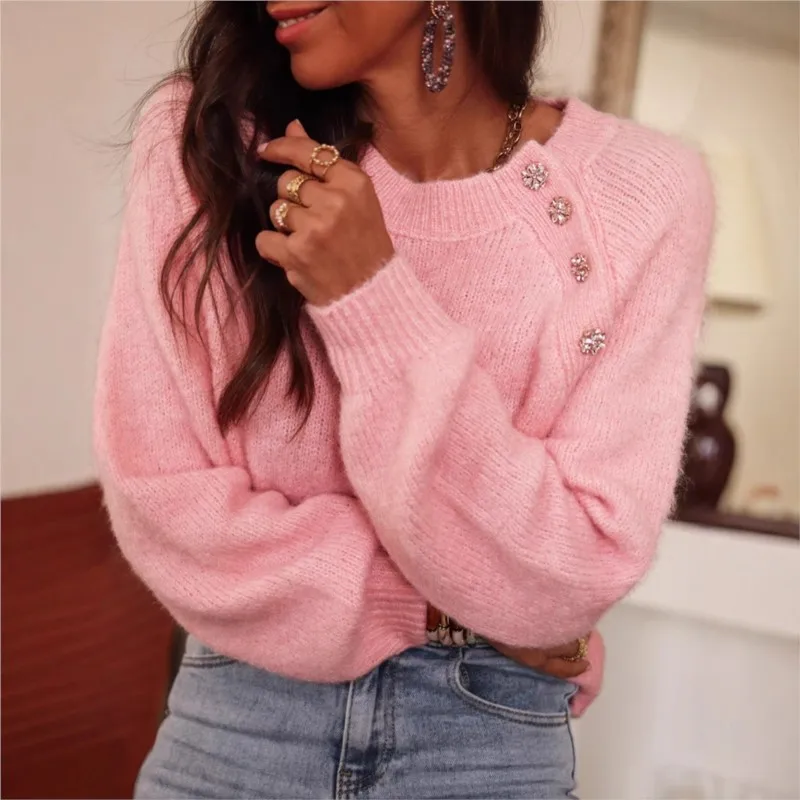 

Autumn Winter Solid Color Raglan Sweater Women Elegant Cross-border European American Round Neck Button Up Women Knitted Sweater