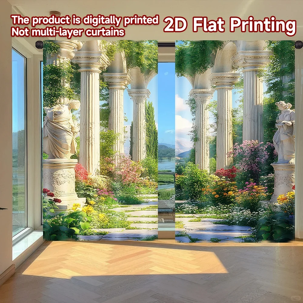 

2D flat printing 2pcs Party Curtains Roman Garden Path Digital Printed Polyester Drapes Festive Holiday Use for Holiday Family