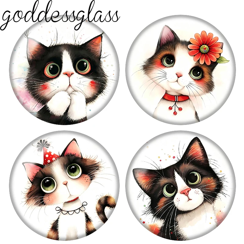 Cartoon Cute Cat painted cat 10pcs 12mm/18mm/20mm/25mm Round photo demo glass cabochon flat back Making fittings