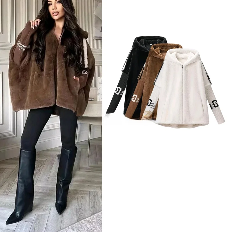 Zimowa Nowa Damska Luźna Kurtka z Zamkiem Błyskawicznym, Nieodłączanym Kapturem, Długim Rękawem, Wykonana ze Sztucznej Skóry z Futrem, Ocieplana, Średniej Długości.