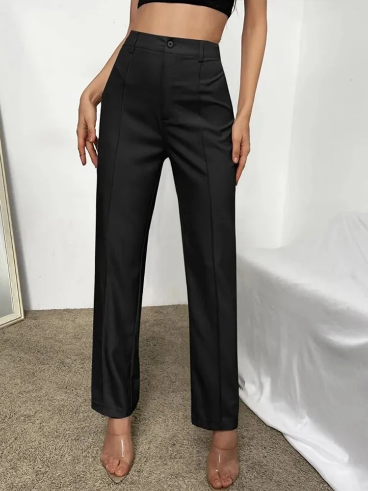 2024 New Fashion Casual Women\'s A-line Pants High Waisted Solid Black  Color Suit Seam Details Suit Straight Trousers