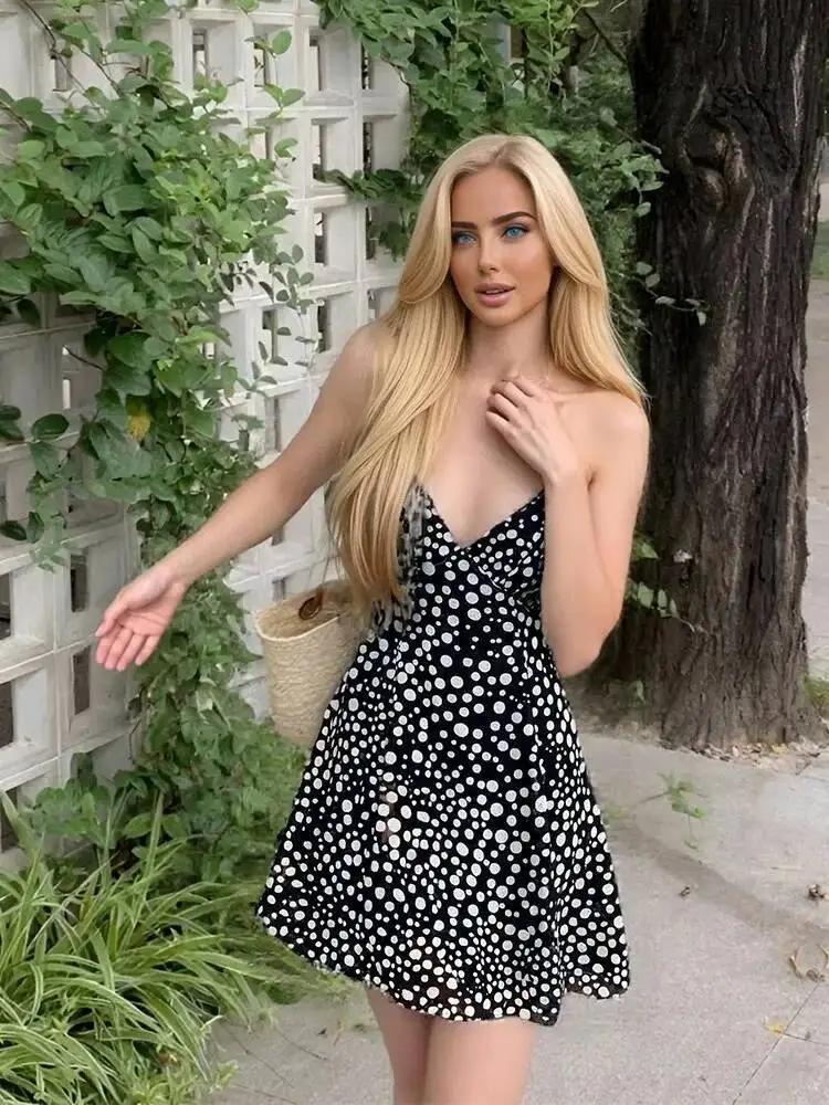 Verão novo doce e picante leopardo impressão de seda malha com decote em v sem costas vestido camisola para mulher tanque mini vestido doce sexy