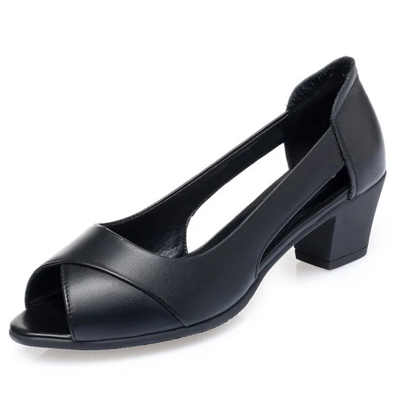 Sandali con tacco da donna estivi décolleté con tacco medio da donna da ufficio scarpe in pelle nera moda tacco largo tacchi aperti sandali con