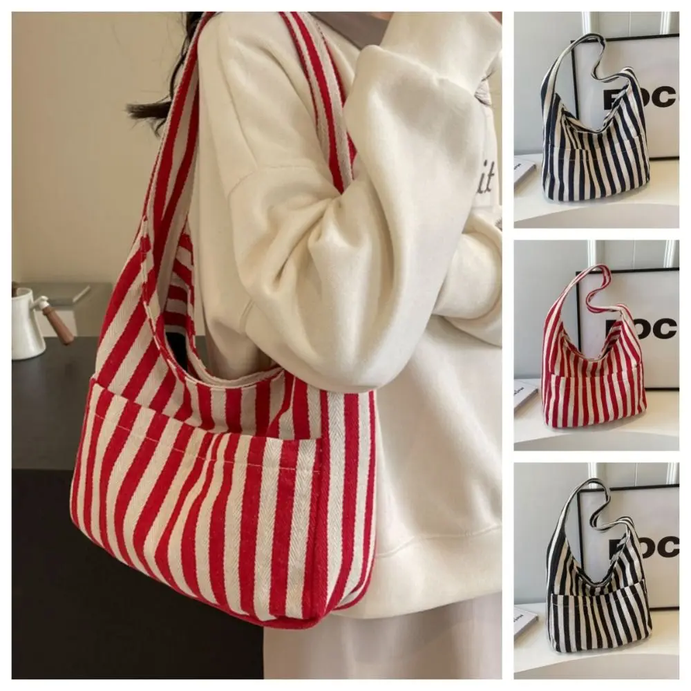 

Fashion Retro Magnetic Snap Vertical Stripe Bag Tote Daily Canvas Shoulder Bag Leisure Handbag Vintage Commute Handbag Unisex