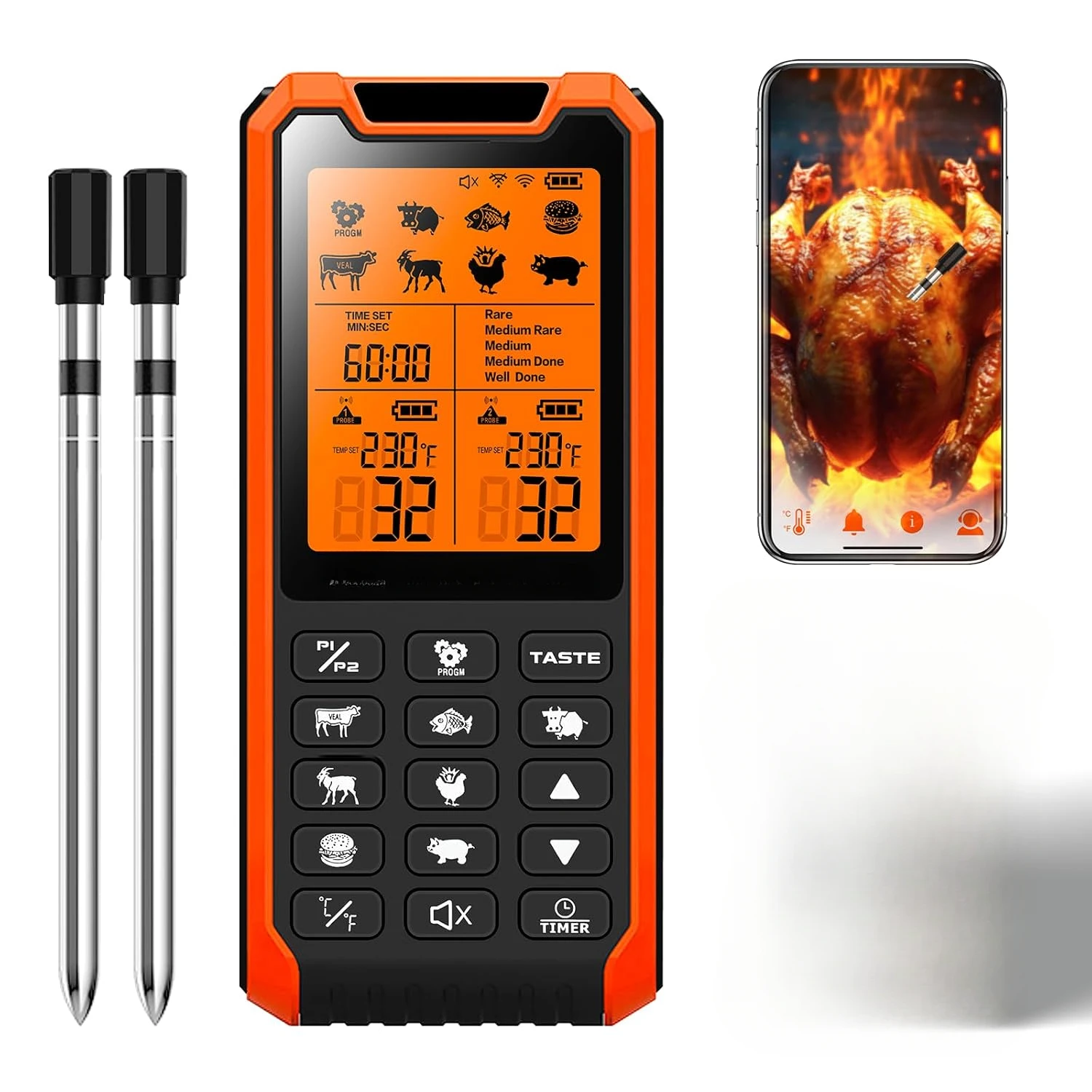 Temp Monitor with Dual Probes for BBQ, Oven, Grill & Smoker-Effortless Steak, Pork, and Turkey Cooking