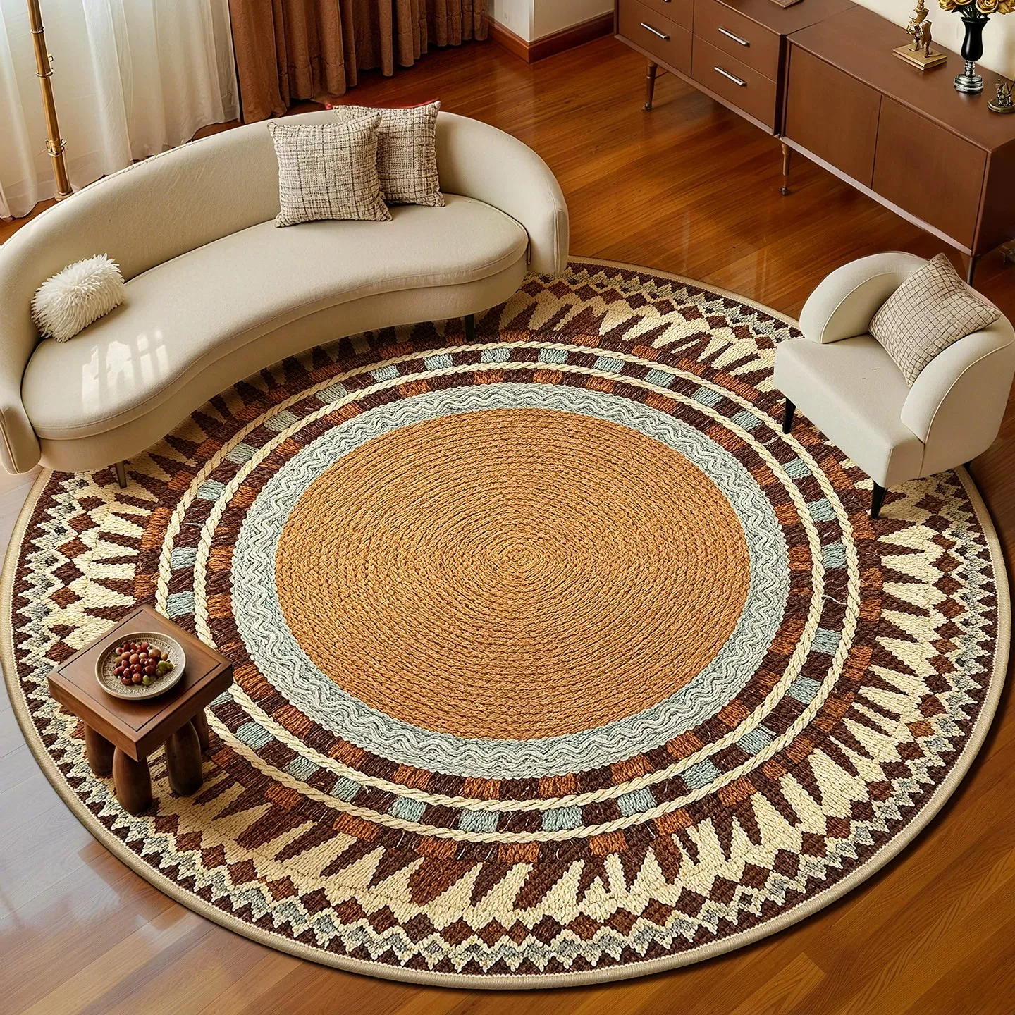 Mid-century Modern Style Round Carpet Living Room Faux-woven Texture Printed Rugs Washable Non-slip Bedroom Floor Mat Chair Mats