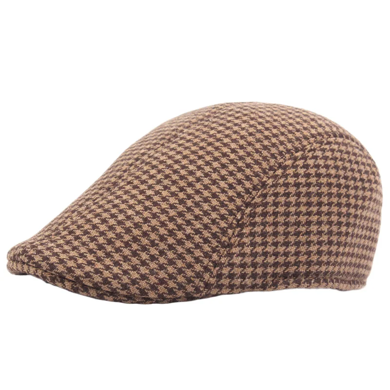 Size 58cm Irish Flat Cap for Men Plaid Newsboy Hat Women Winter Duckbill Cap Grey Brown