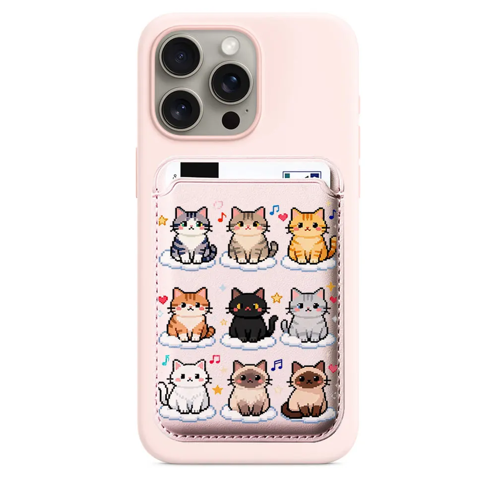 Cute Mosaic Cat Pattern Card Holder Magnetic For iPhone 16 17 Pro Max For Samsung Galaxy S25 S26 Ultra For MagSafe Wallet Cover