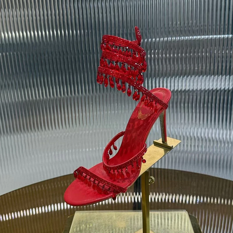 صنادل كعب عالٍ على الموضة النساء كريستال سلسلة حبة الأفعى على شكل لف أحذية الزفاف الصيف رقيقة الكعوب المصارع Sandalias #5