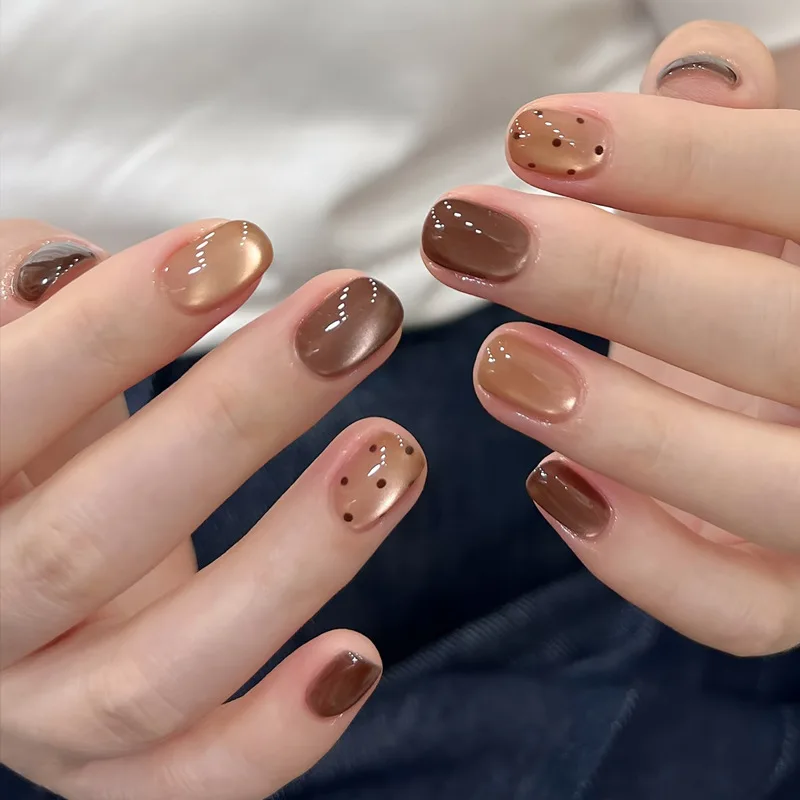 

24pcs 2026 Short Fake Nails for Girls Brown Dots Nail Tips Simple Sweet Square Stick-on Nails with Glue Self-nail Press on Nails