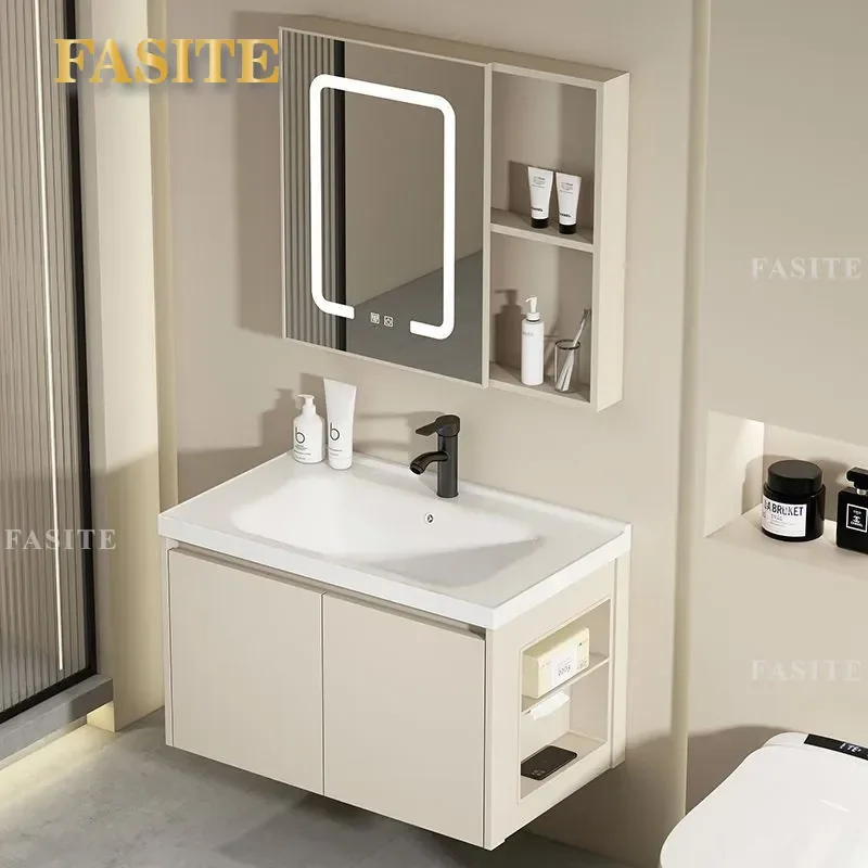 For Thickened Space Aluminum Bathroom Cabinet with Ceramic Integrated Basin Side Washbasin Combo Modern Storage Vanity Unit