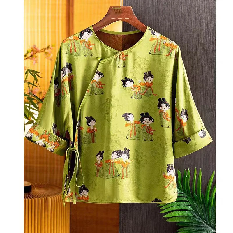 High Quality Spring And Autumn New O-Neck Silk Printed Panda Shirt Diagonal Lace Up Three Quarter Sleeve Top Women S-XXL