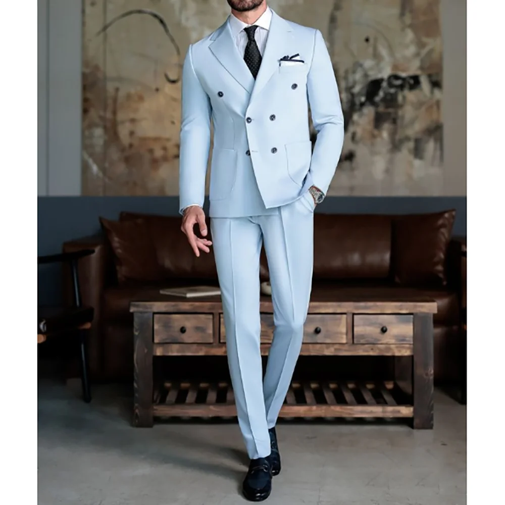 

Blue Double Breasted Peak Lapel Men 2 Piecs Suit Set Slim Fit High Quality Chic Banquet Custom Made Male Suits