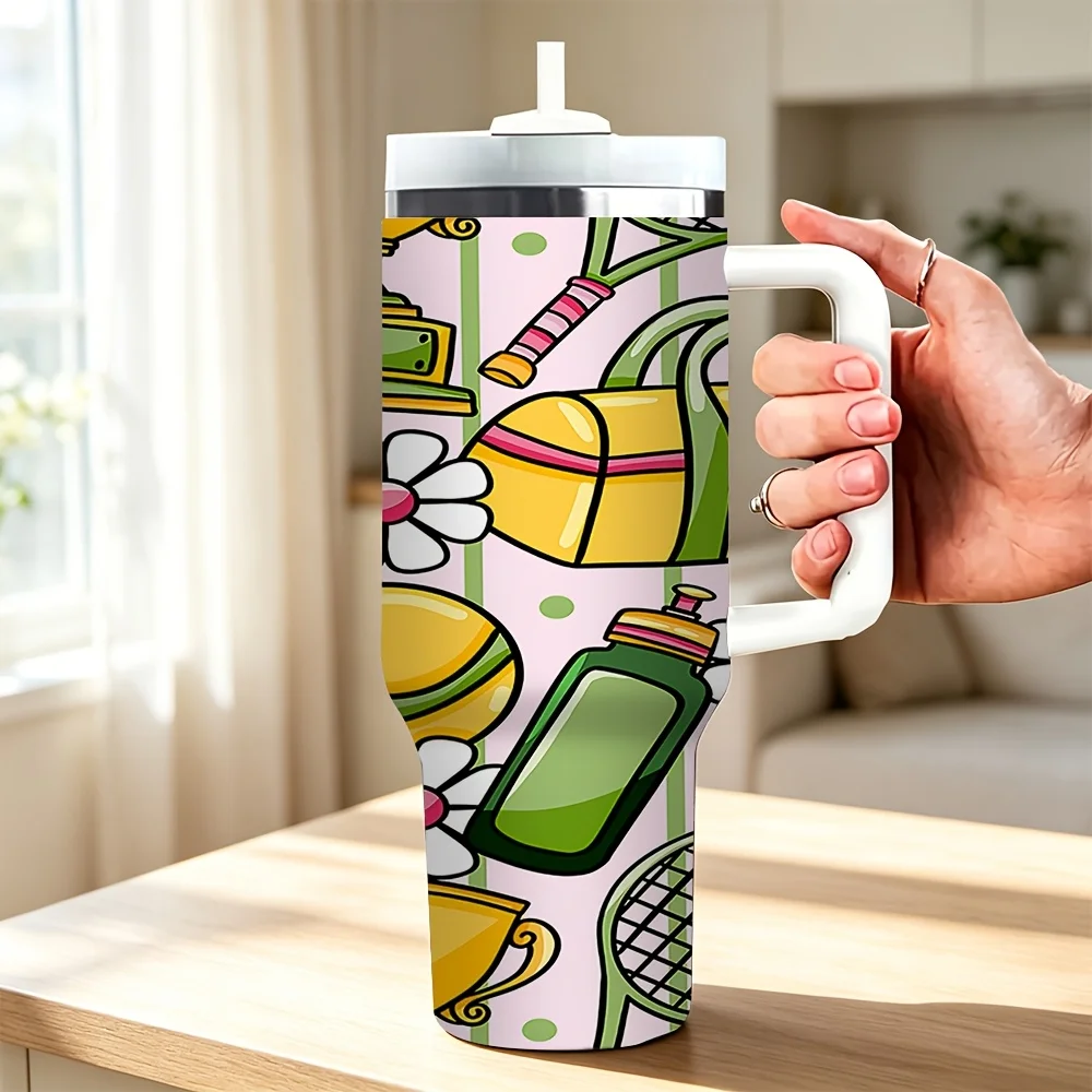 1pc 40OZ Stainless Steel Tumbler with Handle Lid And Straw Tennis Themed Pattern Suitable for Daily Outdoor Travel Car Use