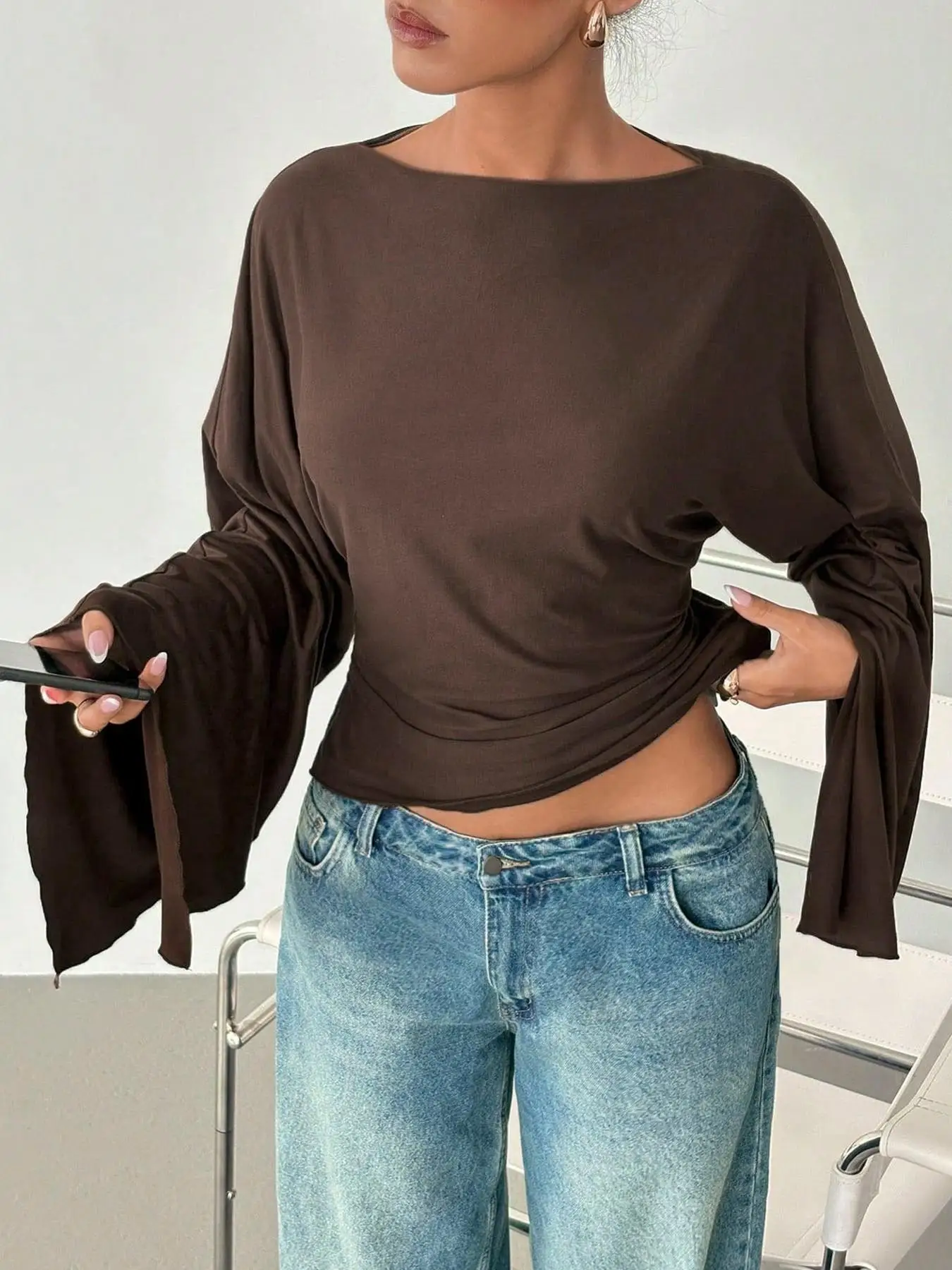 Elegant Women's Single-Shoulder Long-Sleeve Top with Side Pleats And Waist-Binding Design Loose Draped Style for Date Travel Dai