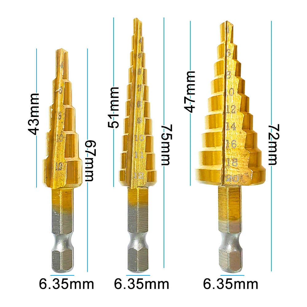 Hexagonal handle titanium plated ladder drill tower drill bit set 3-12/4-12/4-20mm small three piece set