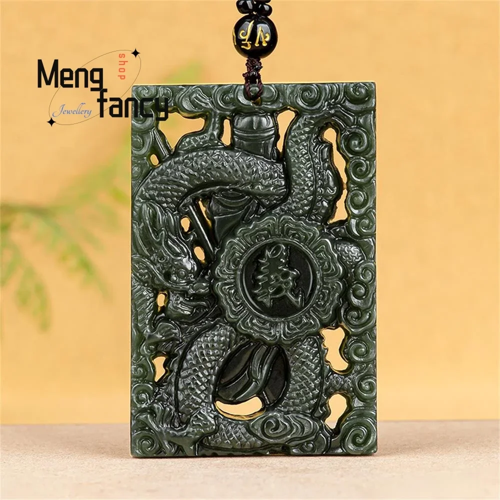 Natural High-grade Old Material Hetian Ink Jade Hegemony Divine Dragon Guan Gong Jade Pendant Best Selling Retro Fashion Jewelry