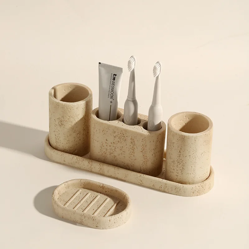 Limestone Toothbrush Holder with Light Yellow Holes, Soap Dispenser, Bathroom Tray, Natural Marble, Home Decoration Accessories