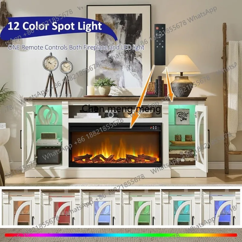 

80 TV & Electric Fireplace Entertainment Center, Antique White with Glass Door Cabinet