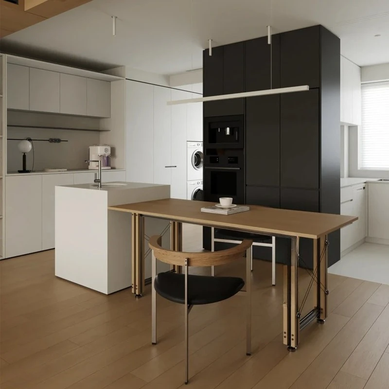 

Stainless steel optical axis birch island dining table integrated household small apartment kitchen island dining table