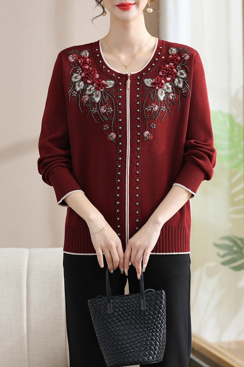 

Embroidery Floral Cardigans 2025 Spring Autumn Sweater Women Knitted Top Femme Fashion Beading Zipper Female Cardigan