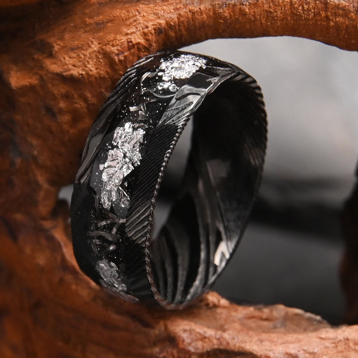 8mm Black Damascus Steel Ring Silvery Foil Inlay Men's Wedding Band Ring for Everyday Wedding Party for Everyday Wedding Party