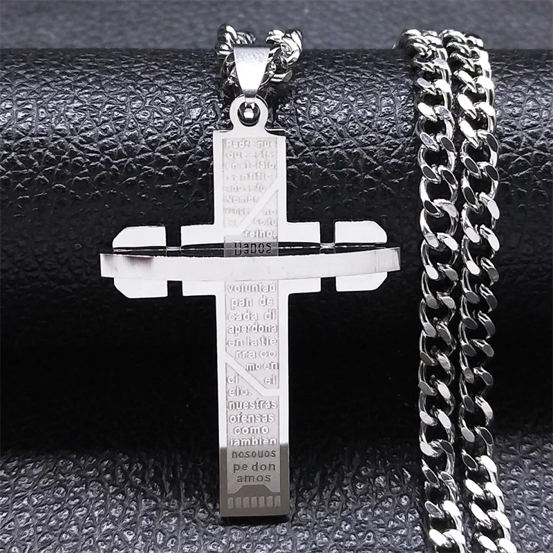 Hip Hop Spanish Lord's Prayer Cross Necklace for Women Men Gold Color Stainless Steel Bible Verse Chain collar hombre N6207GD