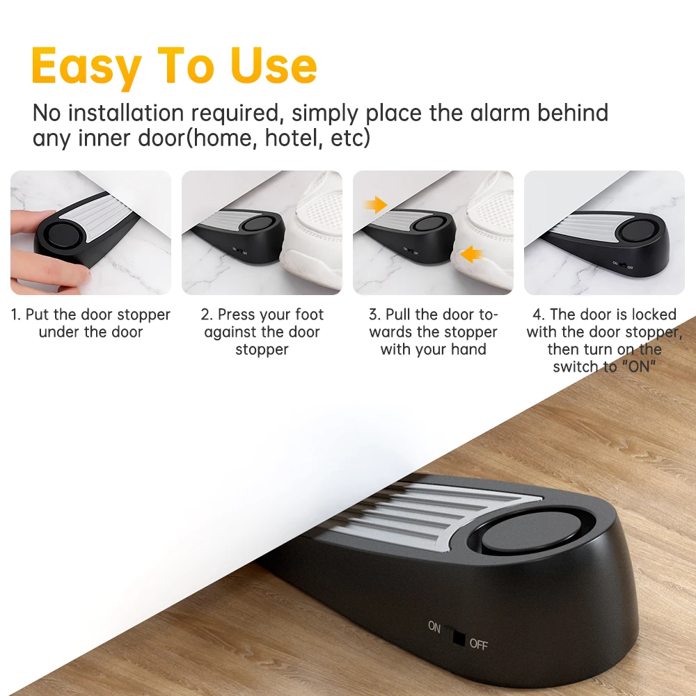 Zexmte 125dB Door Stop Alarm Stainless Wireless Sensor Wedge-shaped Anti-Theft Door Stopper Alarm Portable Home Travel Security