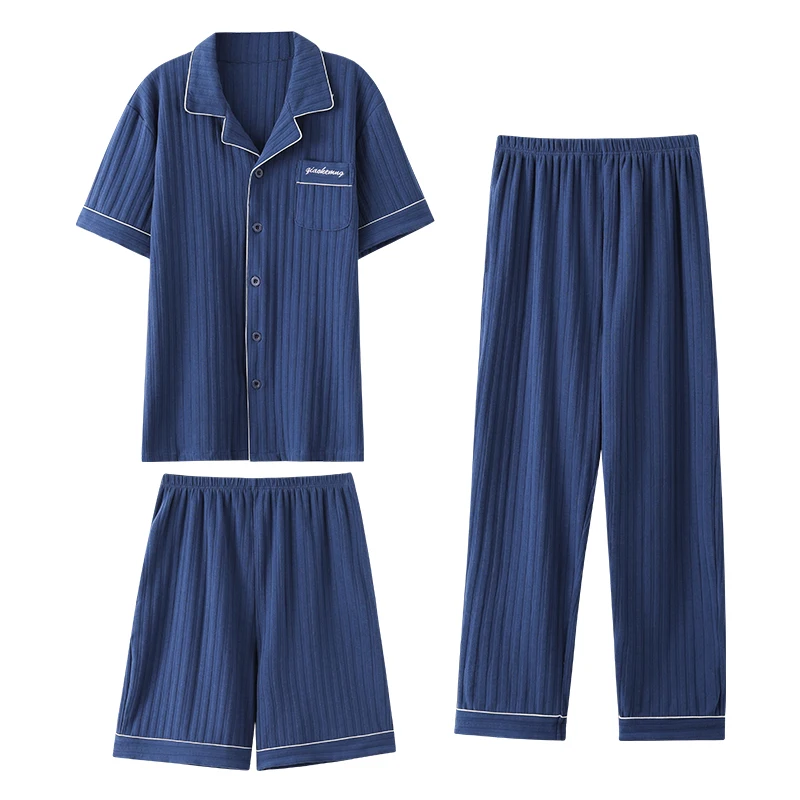 Set 3 pezzi pantaloni lunghi + Cardigan top + pantaloncini estate Casual moda cotone manica corta pigiama Set per uomo Sleepwear Homewear 4XL