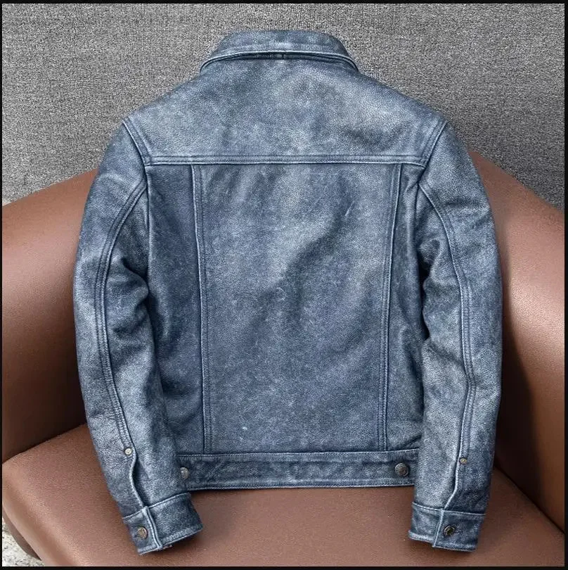 YR!Wholesales.Classic washed vintage blue denim style leather jacket.casual 507 natural cowhide coat.Men Slim fit