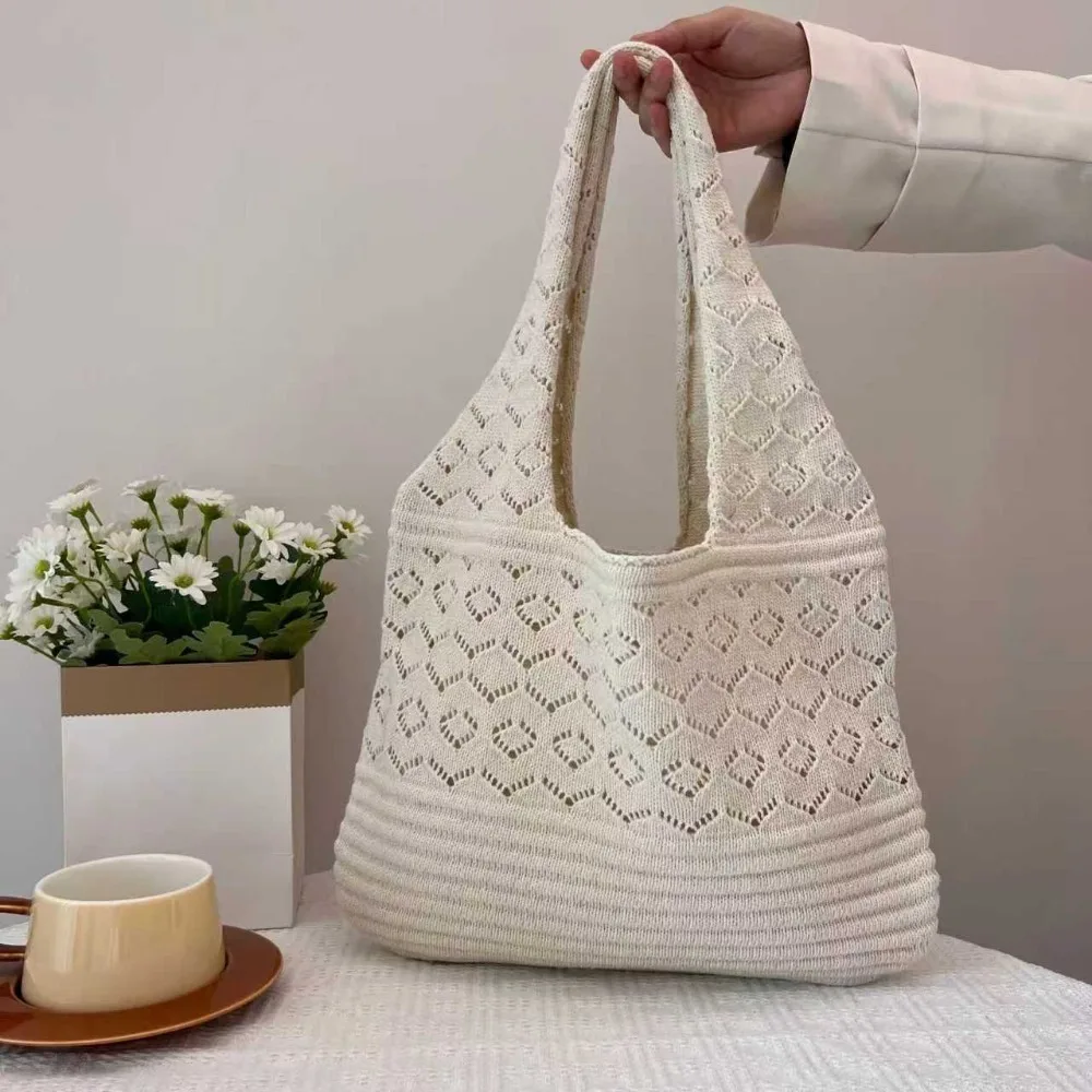 Simple Look Diamond Pattern Tote Bag Hollow Out Solid Color Woven Handbag Retro Style Knit Fabric Knitted Bag Women